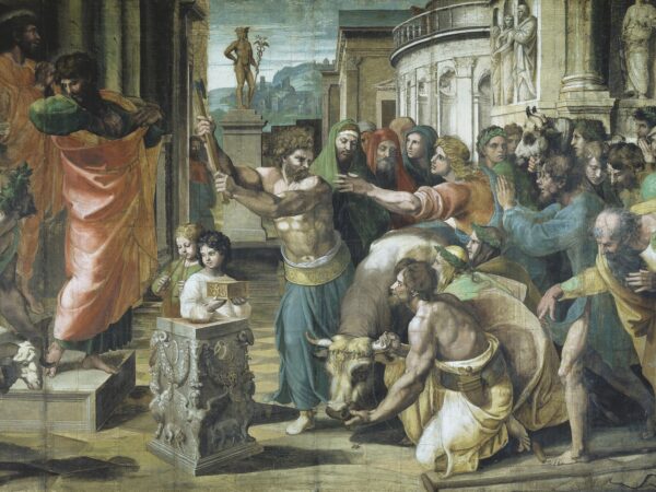 A crowd leads garlanded oxen to a pagan altar while Paul and Barnabas protest.