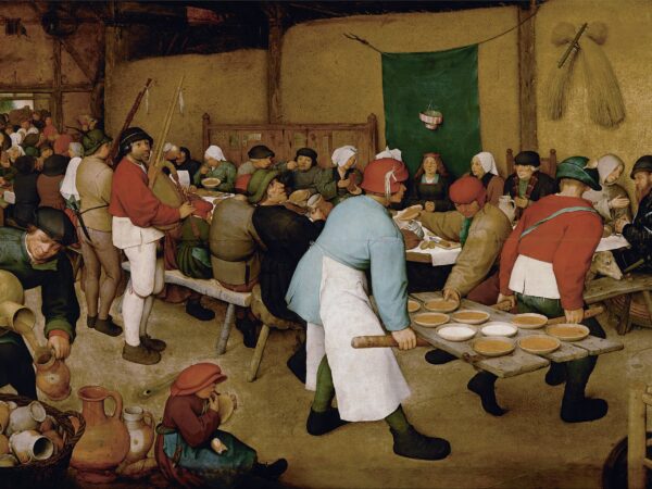 Pieter Bruegel the Elder’s painting of a crowded peasant wedding feast in a barn