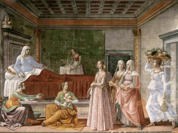 Women visit Elizabeth after the birth of John while a nurse holds the newborn.