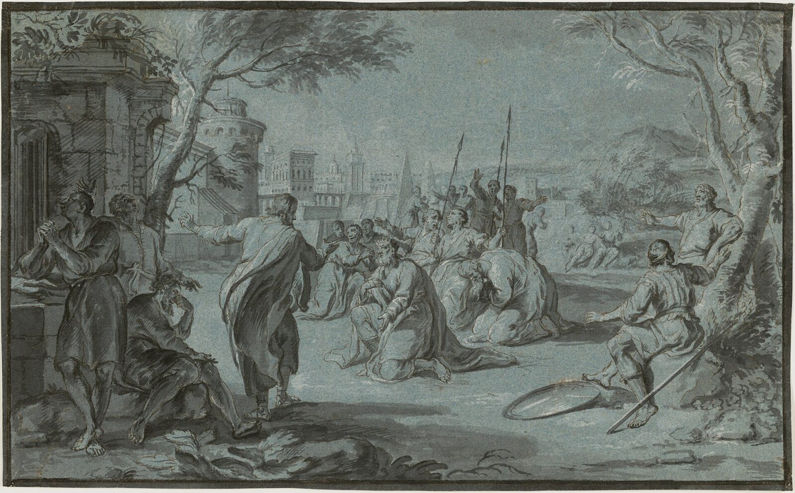 The prophet Jonah preaches in the open air while the people of Nineveh kneel in sackcloth before him.