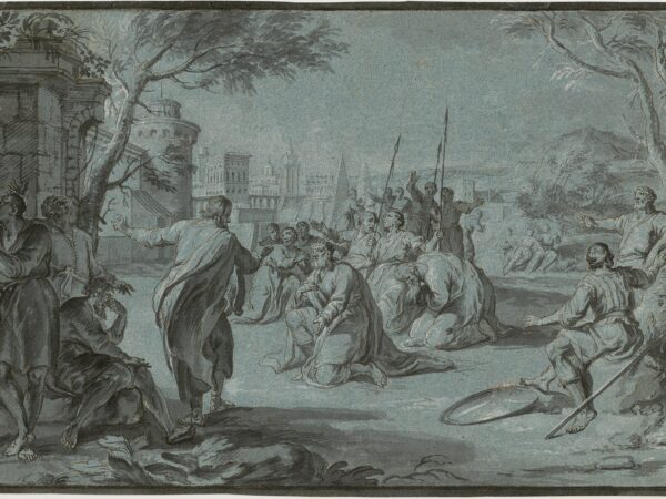 The prophet Jonah preaches in the open air while the people of Nineveh kneel in sackcloth before him.