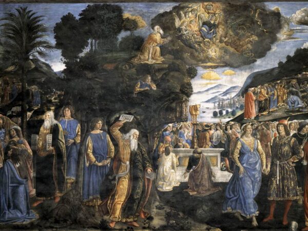 Moses receives the tablets of the law on Mount Sinai and brings them down to the people of Israel.