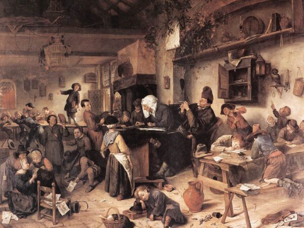 Jan Steen’s painting of a crowded village school with a schoolmaster and his pupils