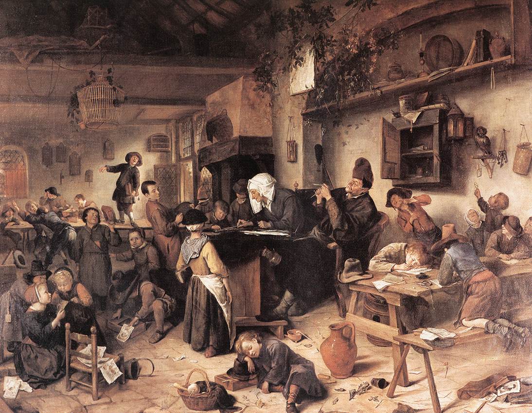 Jan Steen’s painting of a crowded village school with a schoolmaster and his pupils