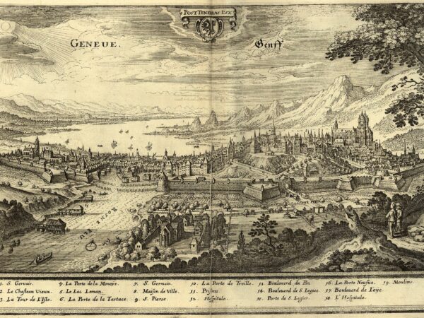 A seventeenth-century engraving of Geneva seen from the south, with the Rhône and the city walls