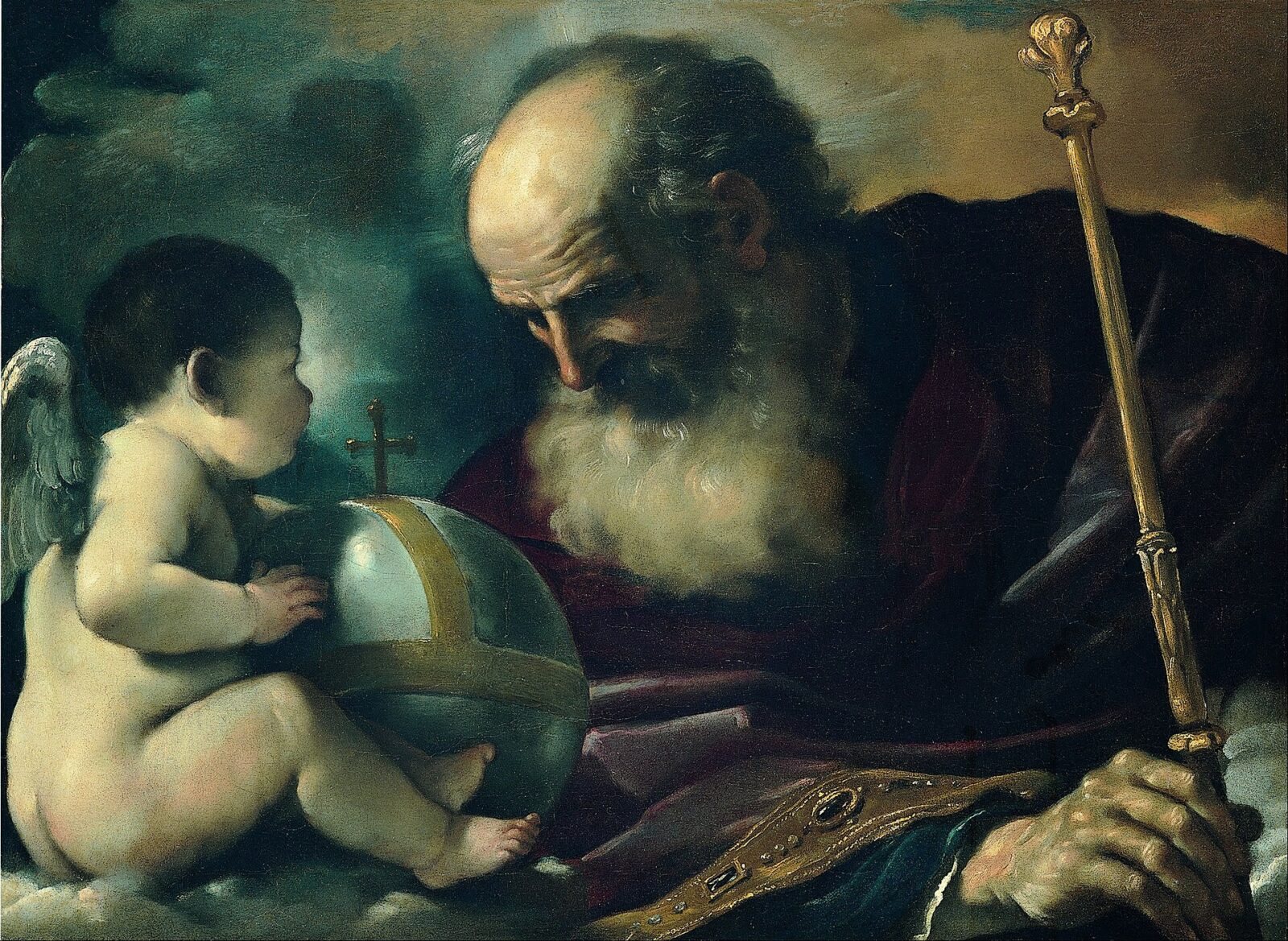 God the Father, white-bearded and robed, leans out of the clouds beside an angel.