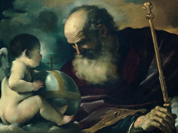 God the Father, white-bearded and robed, leans out of the clouds beside an angel.