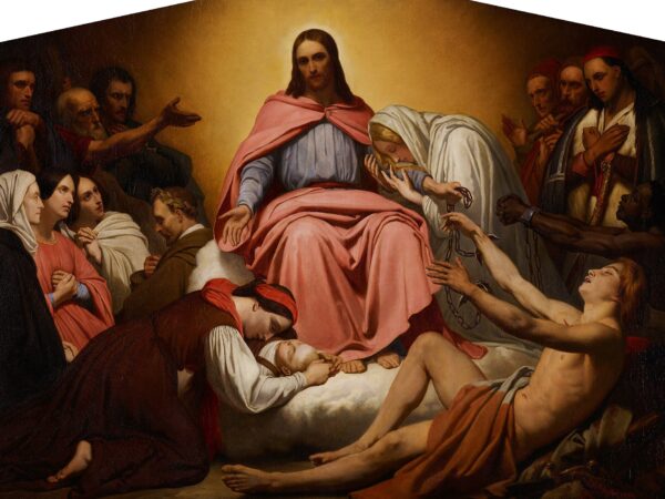 Christ sits enthroned among grieving and suffering people, including a mother holding her child.