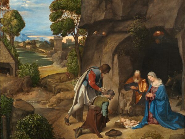 Shepherds kneel before the newborn Christ, with Mary and Joseph, at the mouth of a cave in a wide landscape.