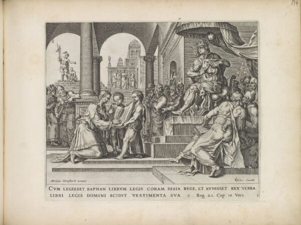 King Josiah tears his robe as the book of the law is read to him in the palace.