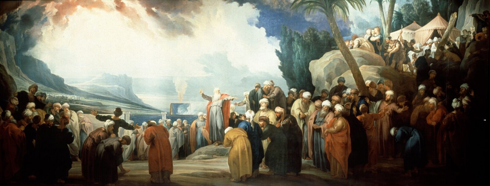 Moses stands among a crowd of Israelites as seventy elders are chosen to share his work.