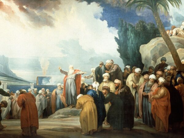 Moses stands among a crowd of Israelites as seventy elders are chosen to share his work.