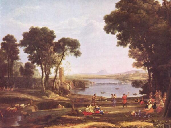 Villagers dance and celebrate a wedding in a broad sunlit landscape by a river and a mill.