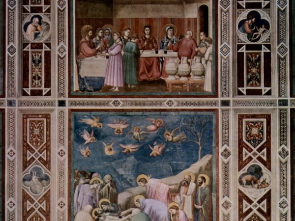 Giotto’s fresco of the wedding at Cana, with Christ and the guests at a long table and servants bringing the water jars