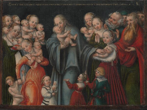 Mothers crowd around Christ holding their babies up to him, and he takes an infant in his arms.