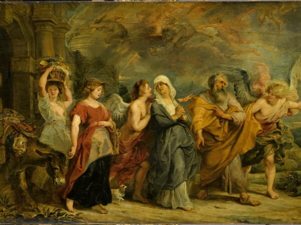 Angels lead Lot, his wife and daughters away from the city of Sodom.