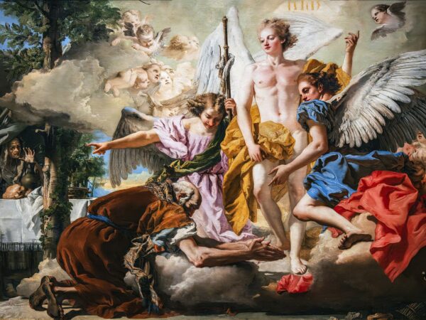 Abraham kneels before three angels who visit him at his tent.