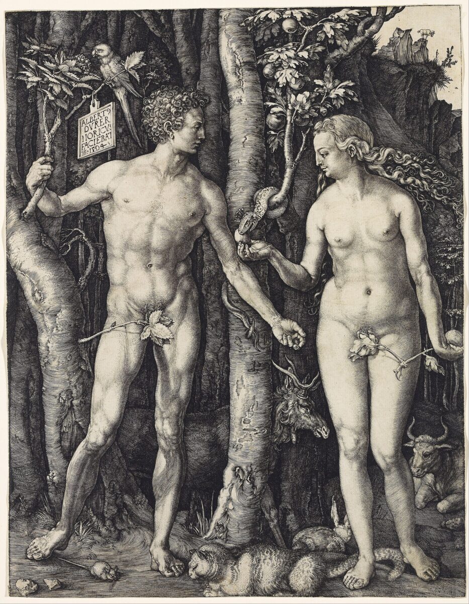 Albrecht Dürer’s engraving of Adam and Eve standing beside the tree of knowledge
