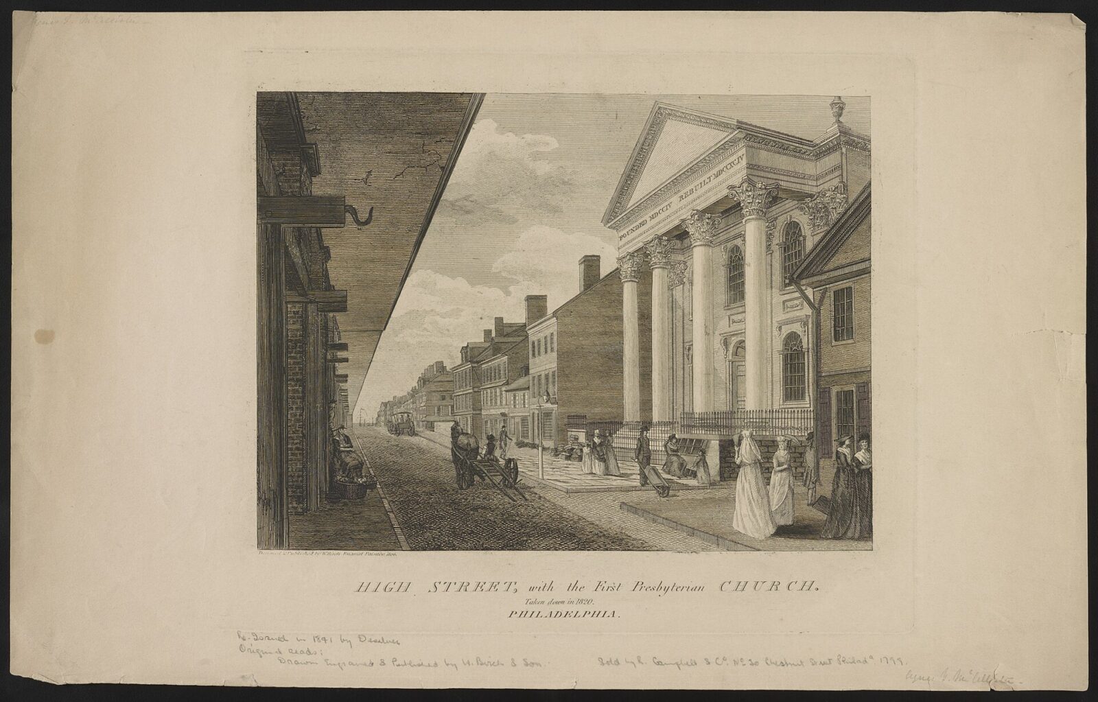 A street scene in early Philadelphia with the columned First Presbyterian Church beside the market.