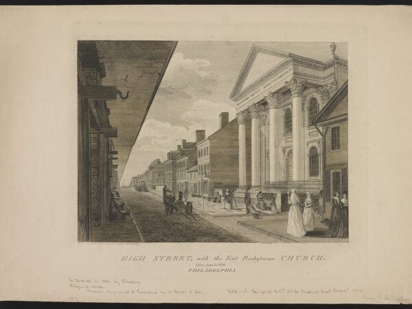 A street scene in early Philadelphia with the columned First Presbyterian Church beside the market.