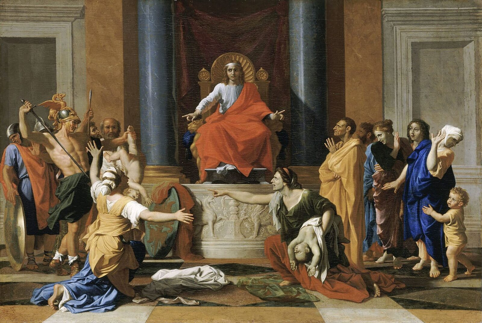 King Solomon on his throne orders the child divided as the two mothers plead before him.