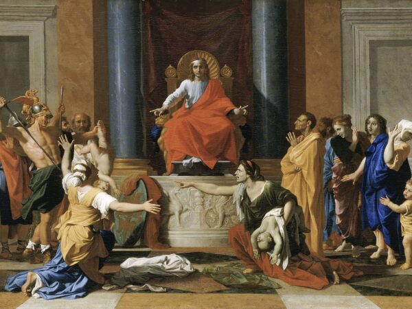 King Solomon on his throne orders the child divided as the two mothers plead before him.