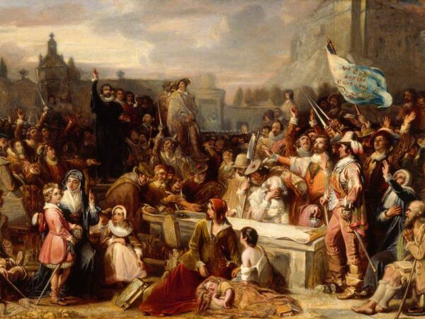 William Allan’s painting of Scots crowding around a flat tombstone in Greyfriars Kirkyard to sign the National Covenant
