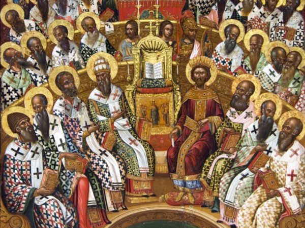 Michael Damaskinos’s icon of the First Council of Nicaea, bishops seated around the emperor with Arius below