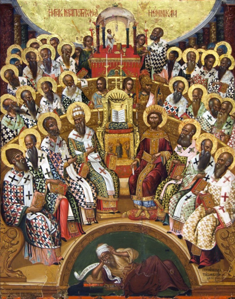 Michael Damaskinos’s icon of the First Council of Nicaea, bishops seated around the emperor with Arius below