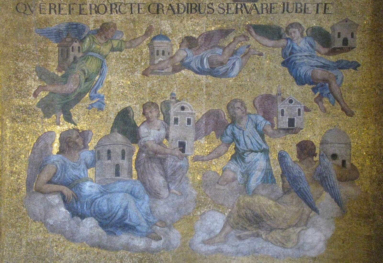 A gold-ground mosaic of angels standing guard over the seven churches of Asia.