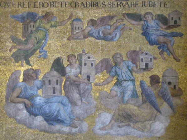 A gold-ground mosaic of angels standing guard over the seven churches of Asia.