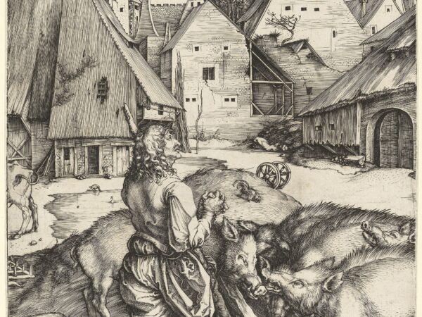 Albrecht Dürer’s engraving of the prodigal son kneeling in a farmyard among the pigs