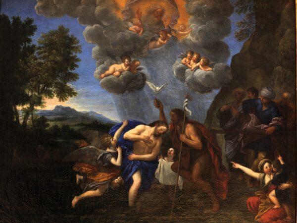 John baptises Christ in the Jordan as the Father and the dove of the Spirit appear in the opened heavens.