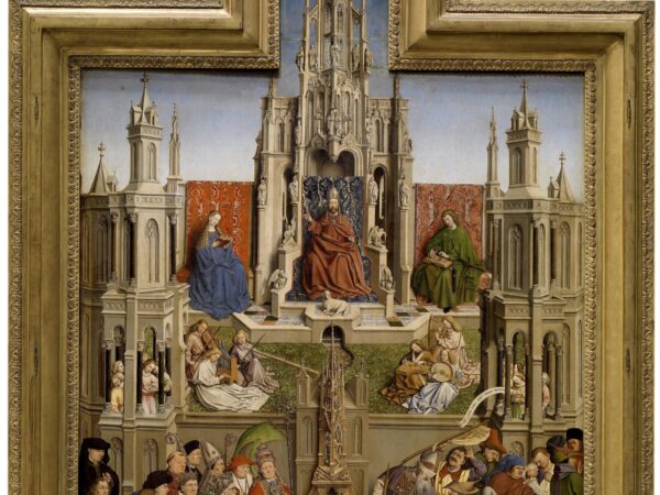 A painting after Jan van Eyck of the fountain of life, with the water of life flowing before the Lamb