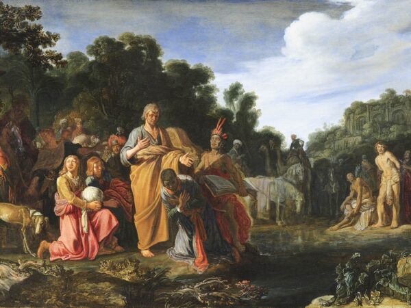 Philip baptizes the Ethiopian official beside a river while his chariot and attendants wait.