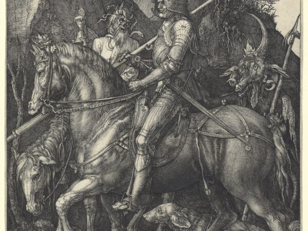 Albrecht Dürer’s engraving of an armored knight riding on between Death and the Devil
