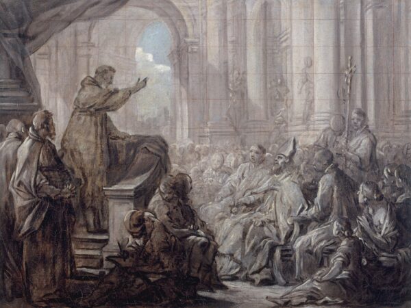 Augustine preaches to a gathered congregation while Bishop Valerius listens from his chair.