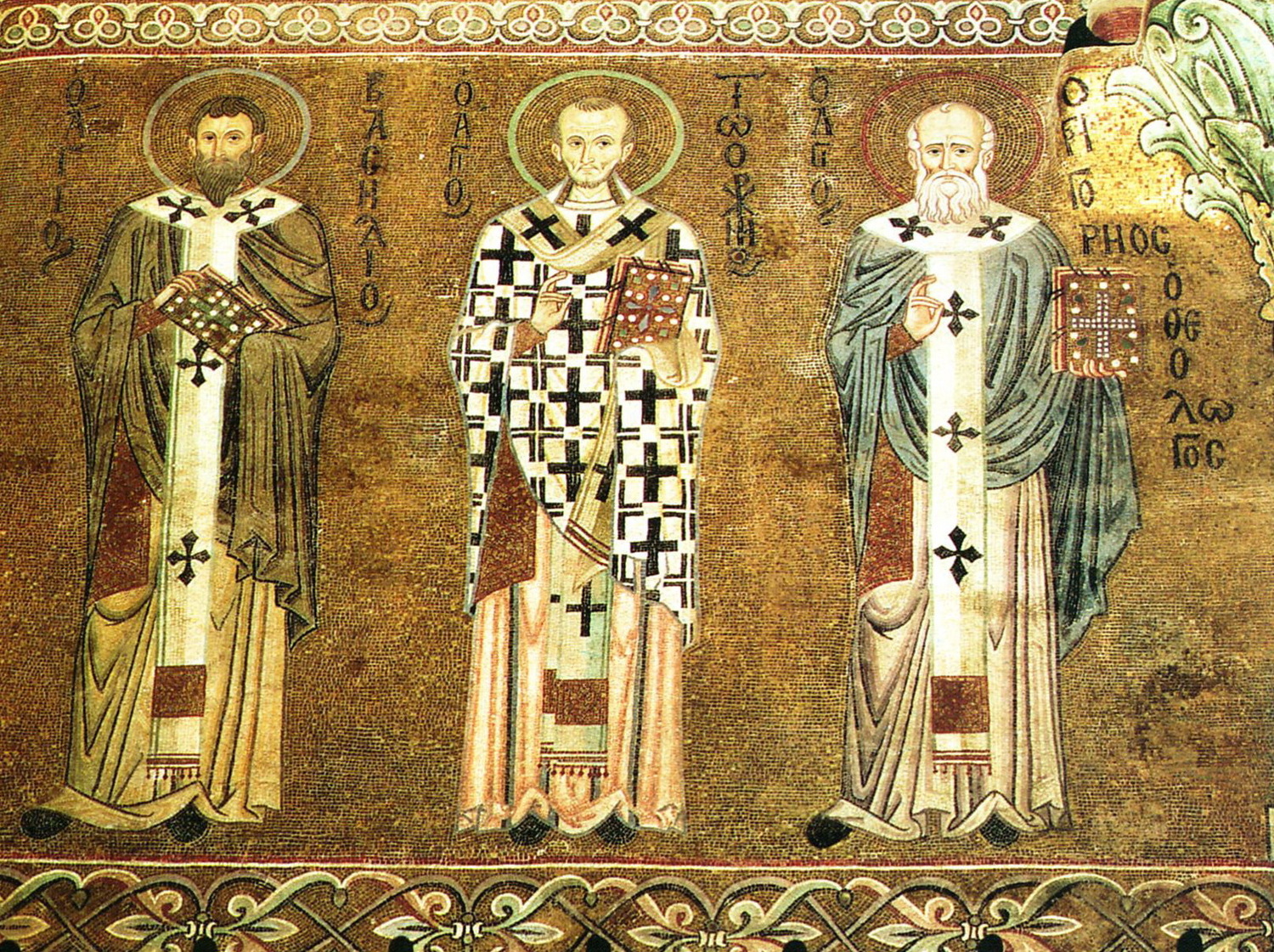 Byzantine mosaic of the three holy hierarchs at Cefalù
