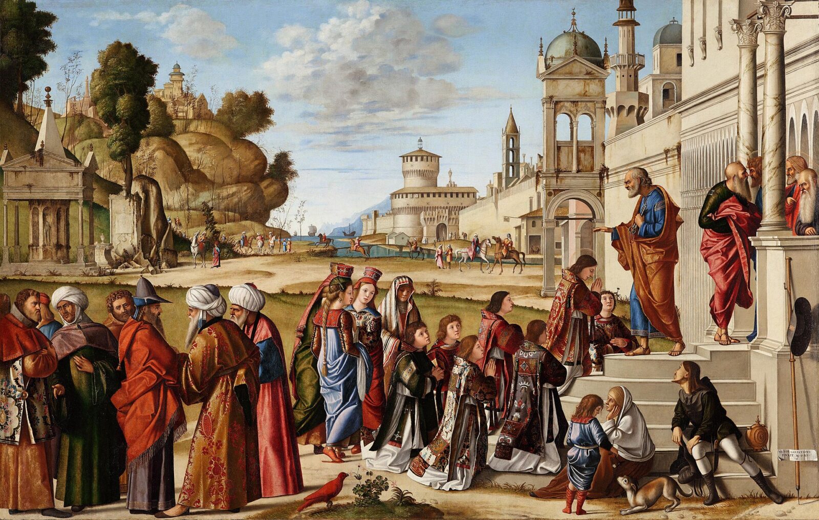 Saint Peter lays hands on Stephen and the other deacons kneeling on steps before a city.