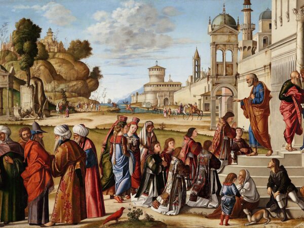 Saint Peter lays hands on Stephen and the other deacons kneeling on steps before a city.