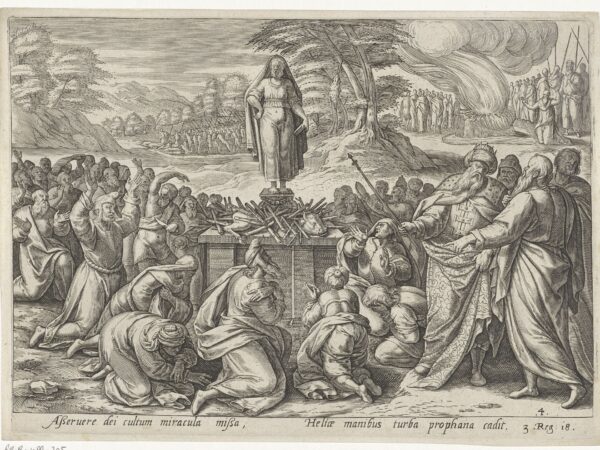 An engraving of fire falling on Elijah's altar before the people of Israel and the prophets of Baal.