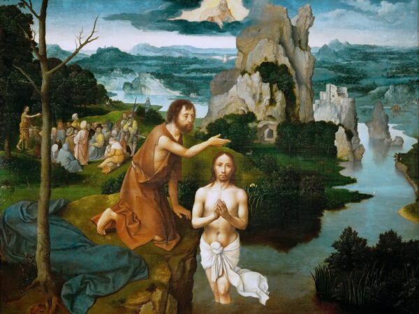 John baptizes Christ in the Jordan before a wide landscape.