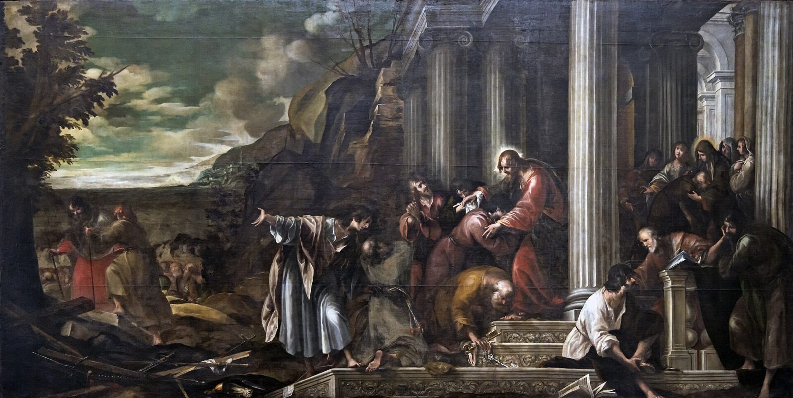 Christ sends out the apostles, who set off in different directions to preach.