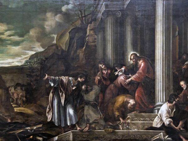 Christ sends out the apostles, who set off in different directions to preach.