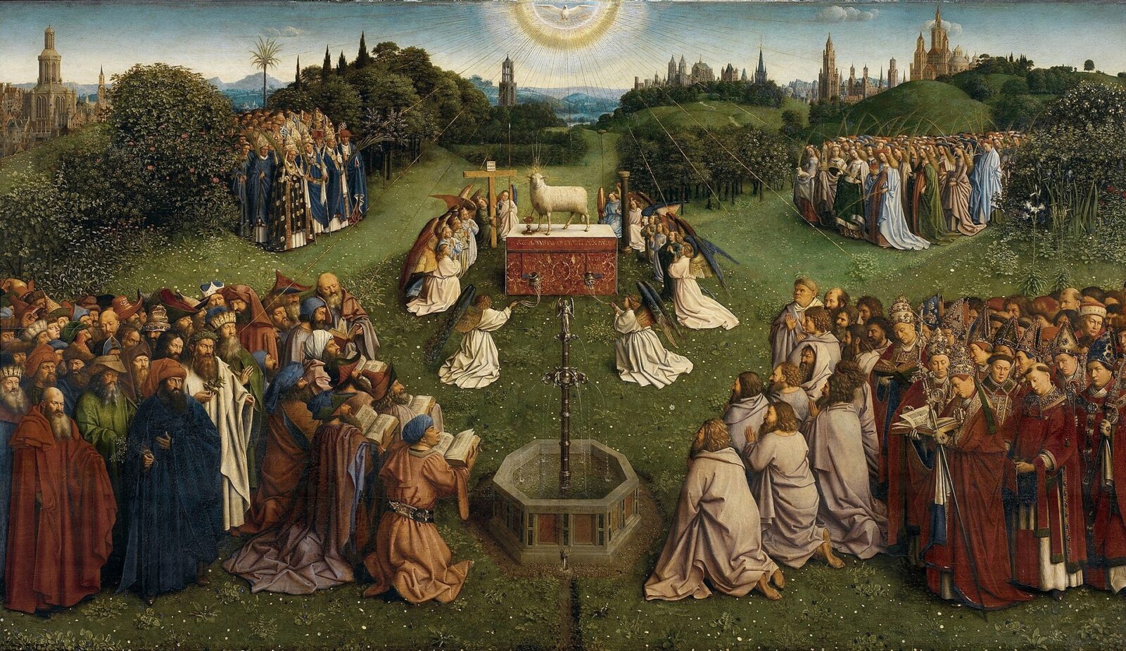 Jan van Eyck’s Ghent Altarpiece, the Adoration of the Mystic Lamb: crowds of saints, prophets and martyrs gathered in a meadow around the Lamb on an altar