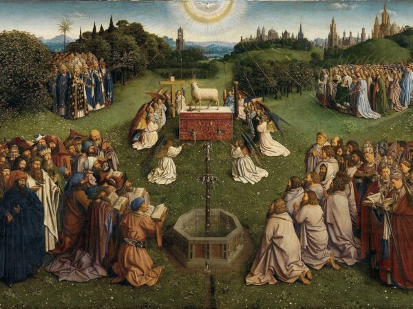 Jan van Eyck’s Ghent Altarpiece, the Adoration of the Mystic Lamb: crowds of saints, prophets and martyrs gathered in a meadow around the Lamb on an altar