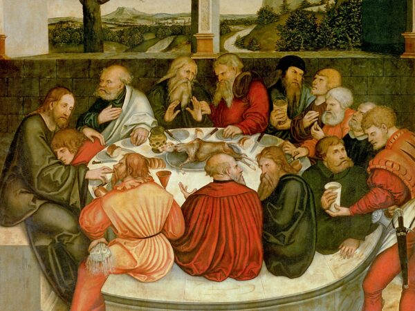Lucas Cranach’s Last Supper from the Wittenberg altarpiece, Jesus and the disciples around a round table with a Reformation-era figure handing a cup