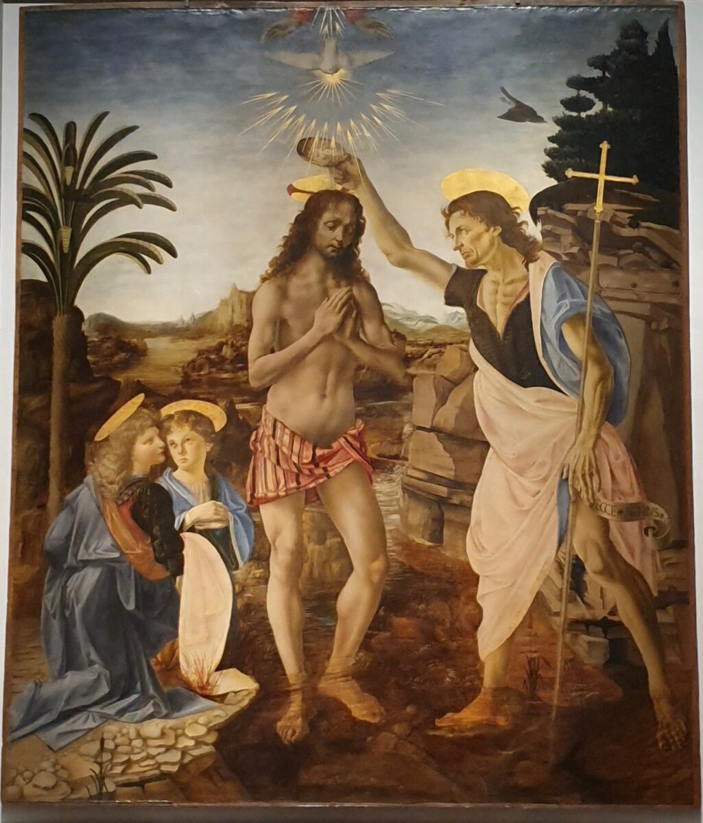 Andrea del Verrocchio’s painting of John baptizing Jesus in the Jordan, with two angels kneeling at the bank