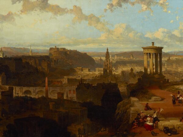 Edinburgh seen from Calton Hill, with the castle and the spires of the Old Town under an evening sky.