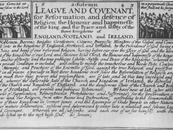 A seventeenth-century print of the Solemn League and Covenant, with figures raising their hands to swear it.